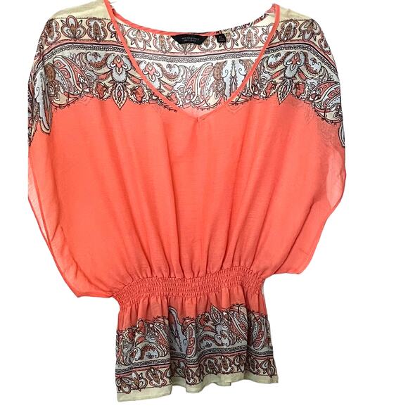 INVESTMENTS KIMONO SLEEVE, PULL-OVER BLOUSE, WOMENS, PL, ORANGE & BLUE PAISLEY - Picture 1 of 12